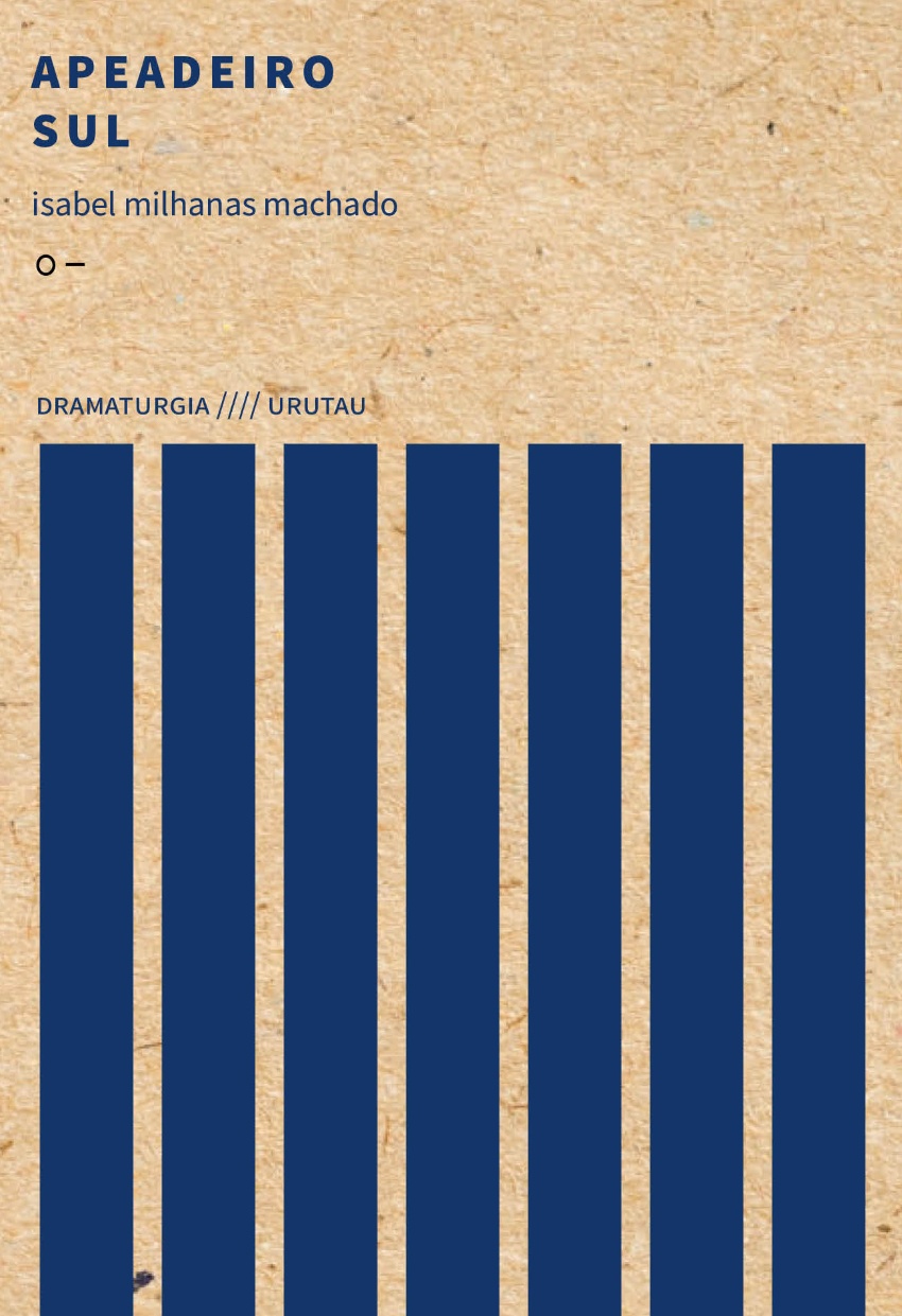 Apeadeiro sul Cartaz ou capa de livro com texto azul e barras verticais azuis em fundo castanho texturizado