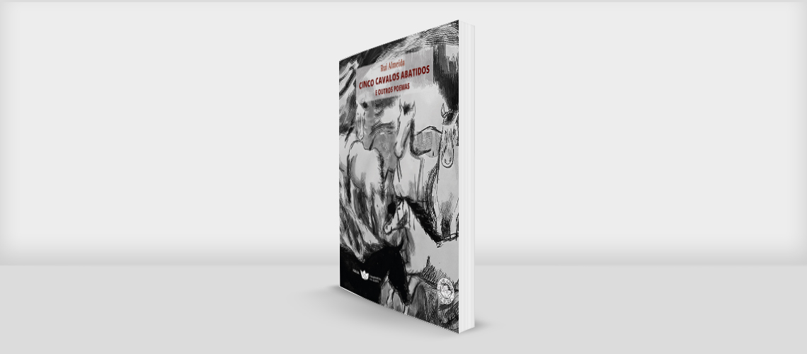 Cinco Cavalos Abatidos e Outros Poemas Livro com capa preta e branca com ilustrações de animais e título em vermelho e preto