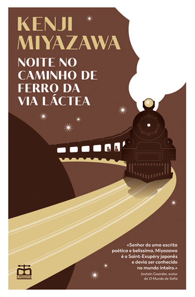 Noite no Caminho de Ferro da Via Láctea Capa de livro com ilustração de comboio a vapor e texto em português