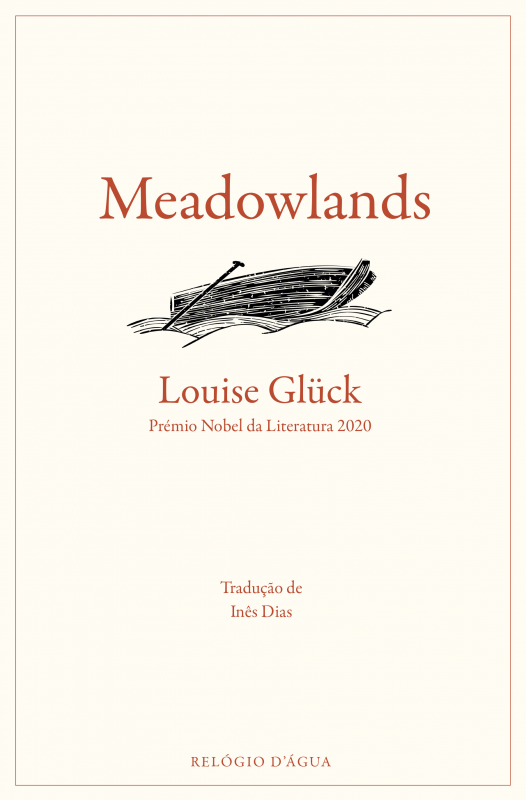 Meadowlands Capa do livro Meadowlands de Louise Glück com ilustração de barco e texto em creme e terracota