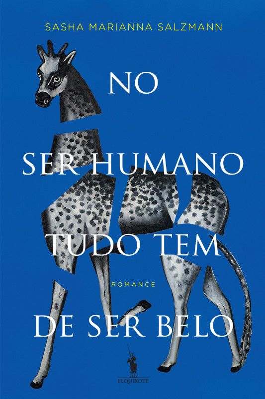 No Ser Humano Tudo Tem de Ser Belo Capa de livro azul com girafa segmentada e texto em branco e amarelo