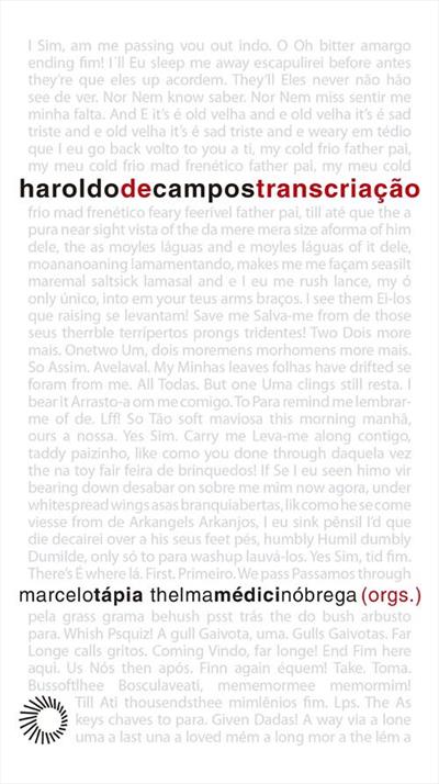 Haroldo de Campos: transcriação Cartaz com texto em várias cores e tamanhos, incluindo palavras em vermelho e preto sobre fundo branco.