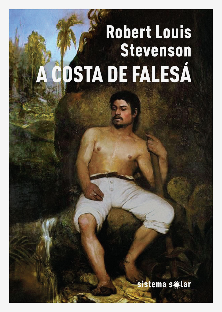 A Costa de Falesá Capa de livro com homem sentado e texto 'A COSTA DE FALESÁ'