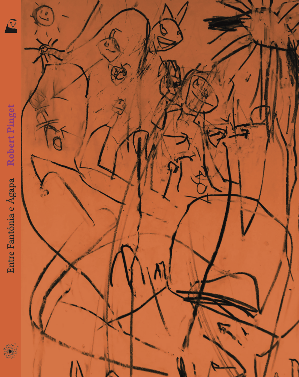 Entre Fantónia e Ágapa Capa de livro laranja com desenhos abstratos pretos e texto vertical em roxo e preto.