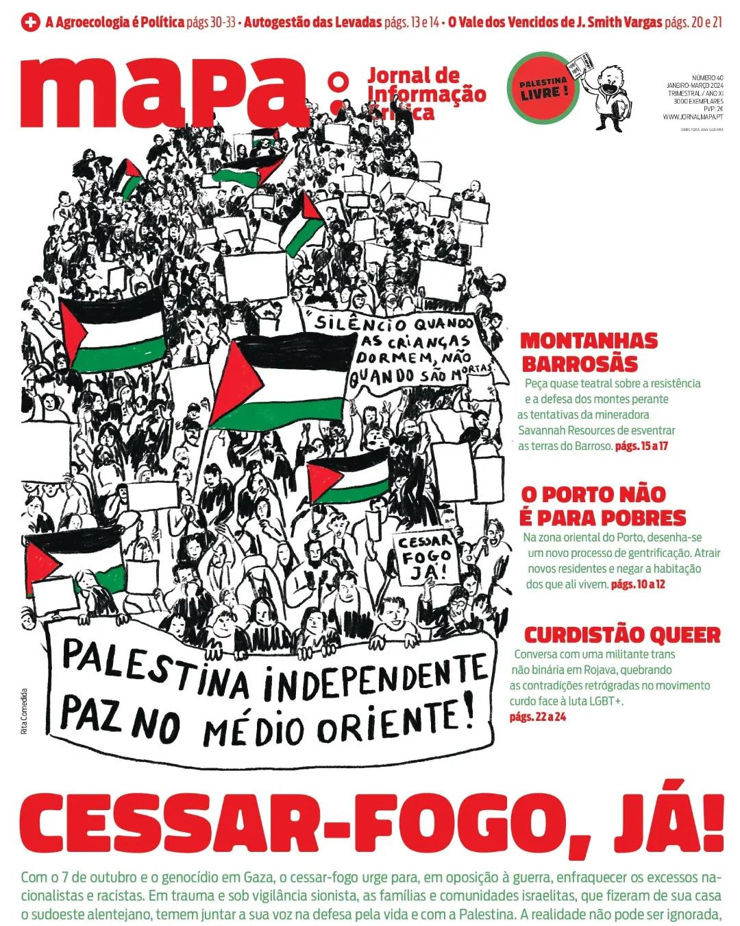MAPA #40 Capa de jornal com ilustração de protesto pela Palestina e chamada para cessar fogo
