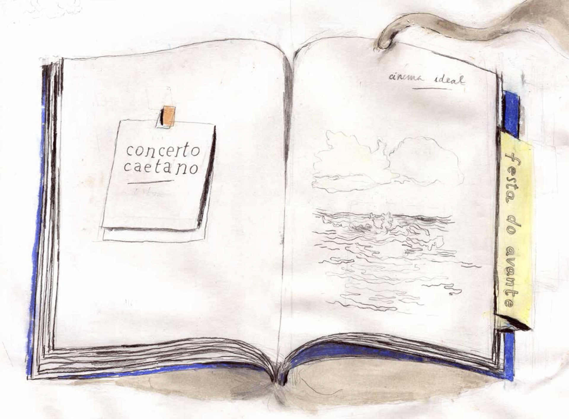 Cadernos 20/21: Manual Anti-angústia - Aldina Duarte Livro aberto com texto e desenhos, incluindo 'concerto caetano' e 'festa do vento'