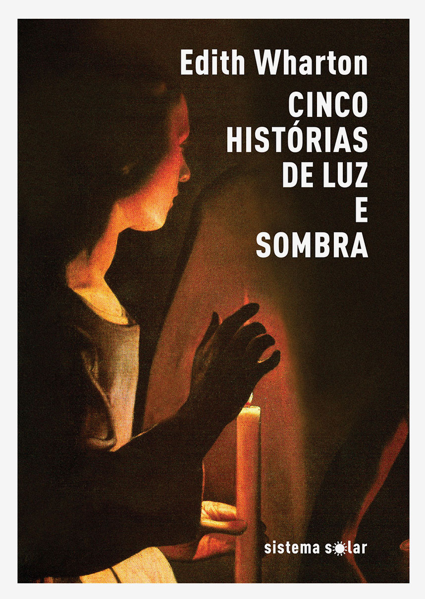 Cinco Histórias de Luz e Sombra Capa de livro com mulher iluminada por vela e texto em branco
