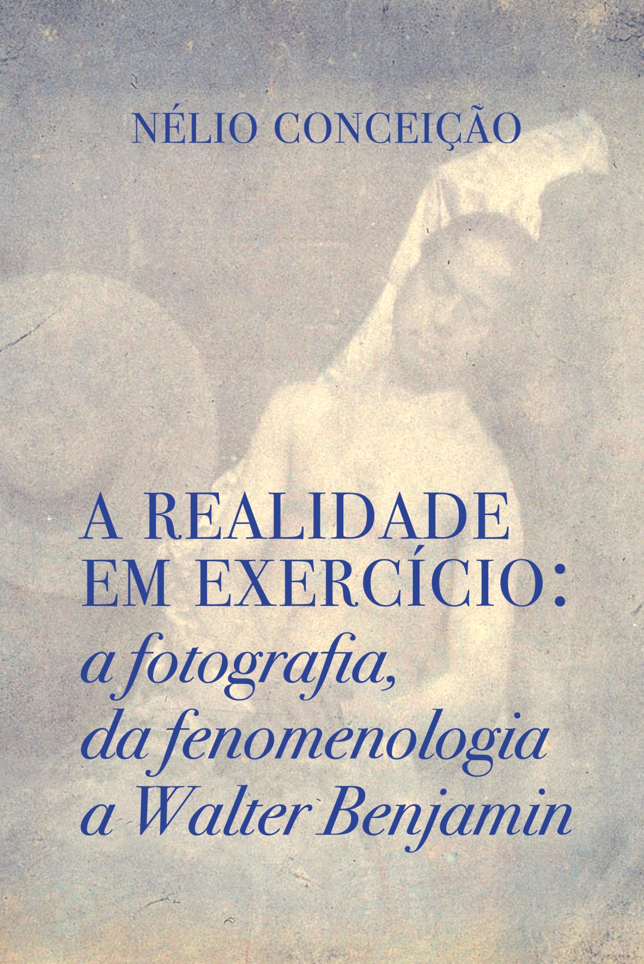 A REALIDADE EM EXERCÍCIO: A FOTOGRAFIA, DA FENOMENOLOGIA A WALTER BENJAMIN Capa de livro com texto azul sobre fundo desfocado cinza e bege.
