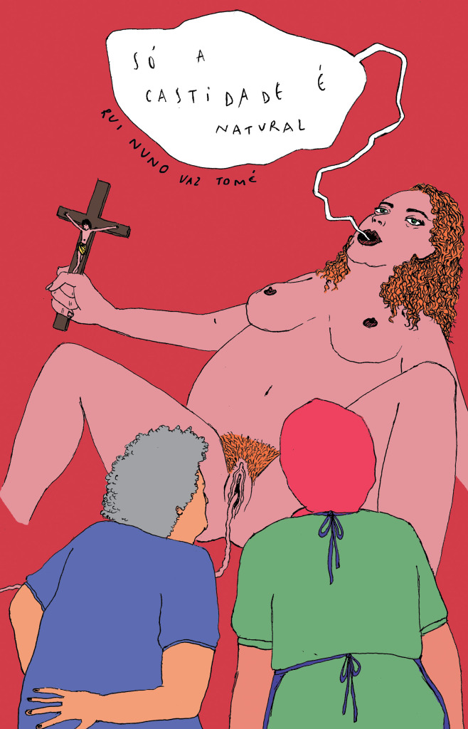 Só a castidade é natural Ilustração digital de mulher nua com dois personagens e texto sobre castidade