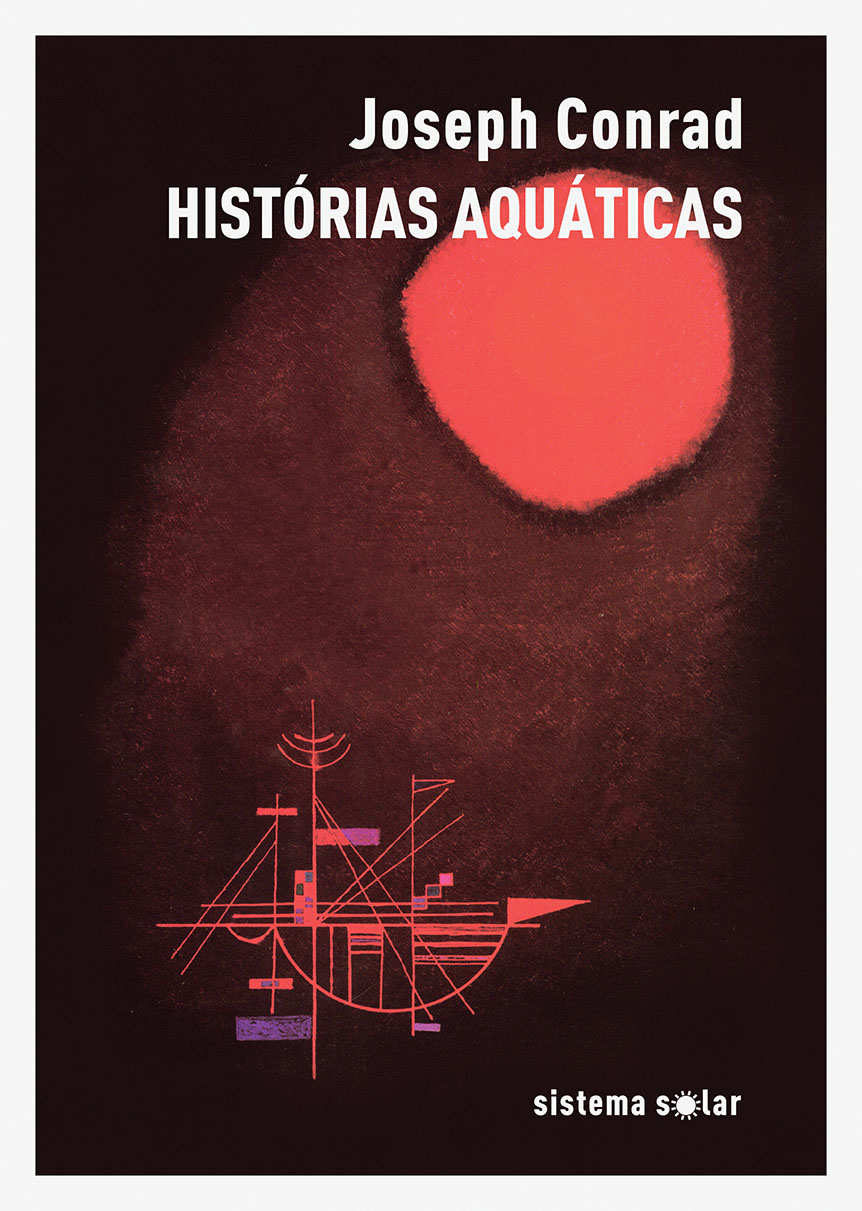 Histórias Aquáticas Capa do livro 'Histórias Aquáticas' com círculo vermelho e desenho geométrico de barco em fundo escuro