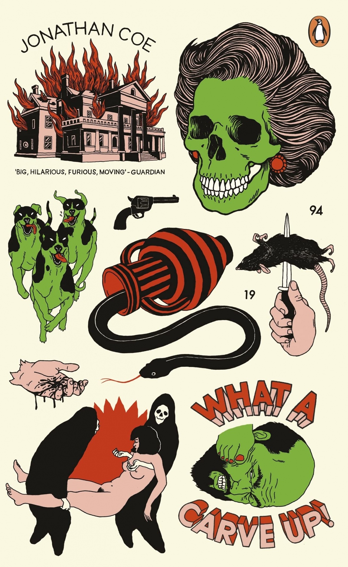 What a Carve Up! Capa de livro com várias ilustrações em estilo gráfico mostrando uma casa em chamas, uma caveira verde com cabelo elegante, cães verdes, uma pistola, uma mangueira, um rato, uma cobra, mãos, uma figura sombria e um rosto verde agressivo com texto WHAT A C