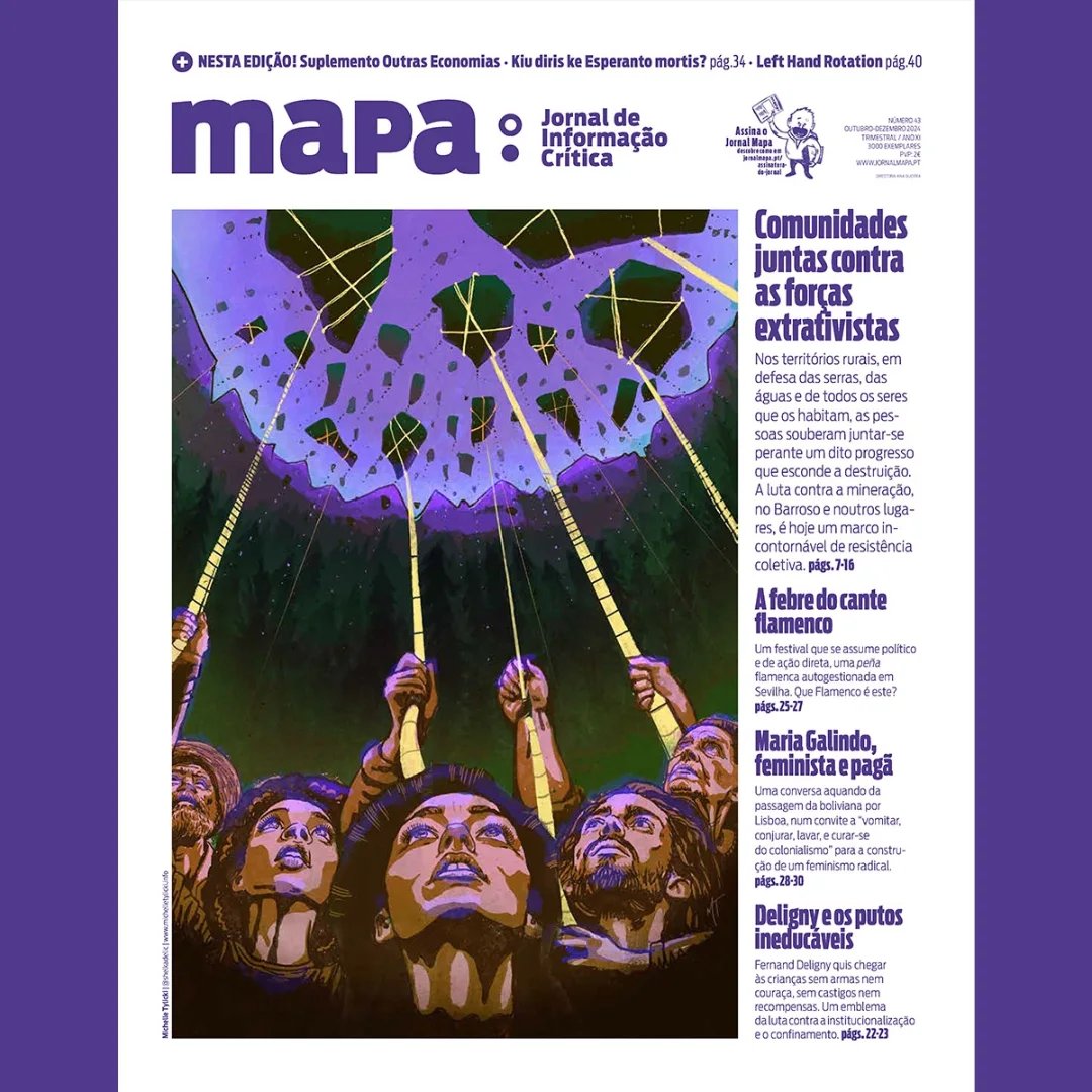 MAPA #43 Capa de jornal 'mapa' com ilustração de pessoas e árvores iluminadas em fundo roxo