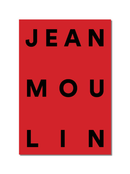 Jean Moulin Lisboa 1941 Cartaz vermelho com texto preto 'JEAN MOULIN' em fundo branco