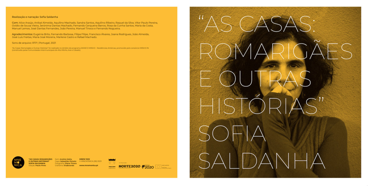 As casas: Romarigães e Outras Histórias Cartaz amarelo com texto informativo e fotografia sépia de mulher com texto em branco