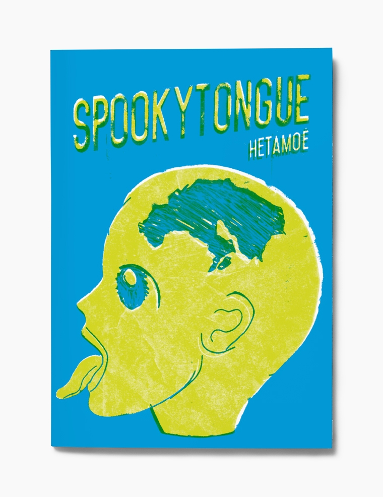 Spookytongue Cartaz azul com desenho de cabeça amarela e texto SPOOKYTONGUE HETAMOE