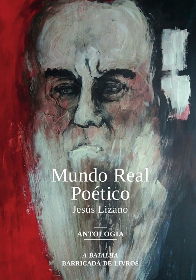 MUNDO REAL POÉTICO Capa de livro com pintura de rosto envelhecido e texto em branco.