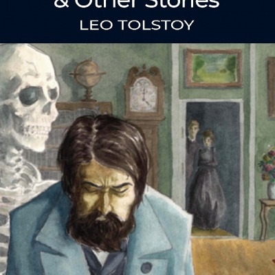 Capa de livro com título The Death of Ivan Ilyich & Other Stories de Leo Tolstoy e ilustração de homem triste com esqueleto atrás.