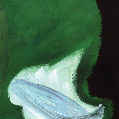 Capa de livro com arte abstrata em tons verdes, azul claro e branco