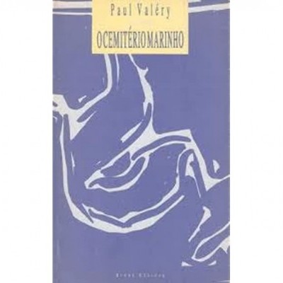 Capa de livro azul com padrões brancos e texto 'O CEMITÉRIO MARINHO' e 'Paul Valéry'