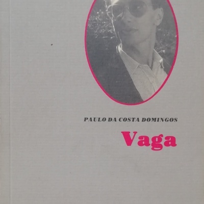 Capa de livro cinzenta com fotografia oval a preto e branco e texto PAULO DA COSTA DOMINGOS e Vaga