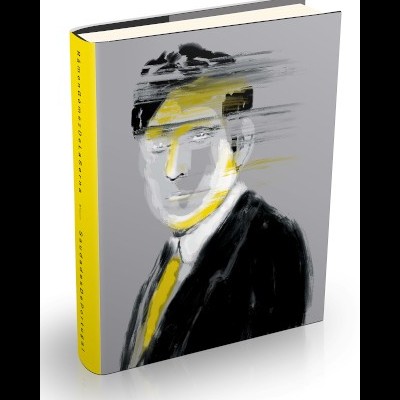 Capa de livro com ilustração abstrata de homem em tons cinza, preto e amarelo e lombada amarela com texto