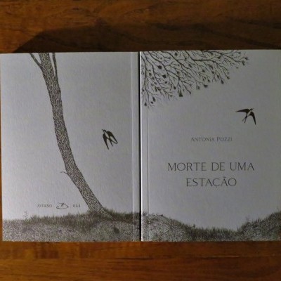 Capa de livro branco com desenho de árvore e pássaro e texto Antónia Pozzi Morte de uma Estação
