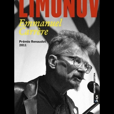 Capa de livro LIMONOV com foto a preto e branco de homem de óculos e casaco de couro