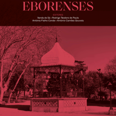 Capa de livro intitulada SONORIDADES EBORRESES com coreto num parque ao fundo em tons vermelhos