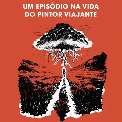 Capa de livro laranja com título, subtítulo, ilustração em preto e branco de estrada, nuvem e logo