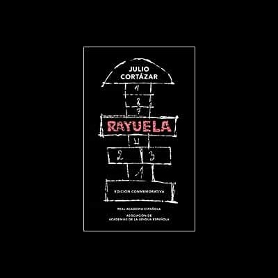 Capa de livro 'Rayuela' de Julio Cortázar com desenho de amarelinha e texto comemorativo