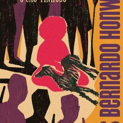 Capa de livro com ilustração estilizada e texto em amarelo, rosa e roxo