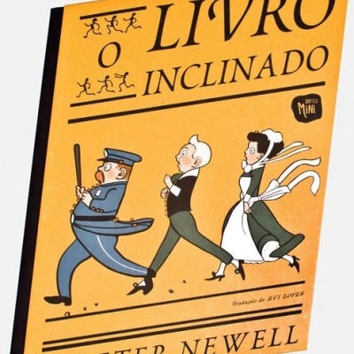 Capa de livro amarelo com ilustração de três personagens a correr, título O LIVRO INCLINADO
