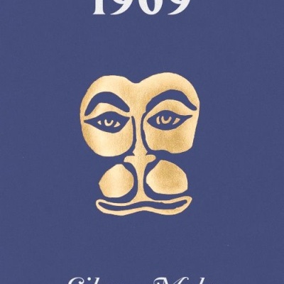 Capa de livro azul com texto branco e desenho abstrato dourado