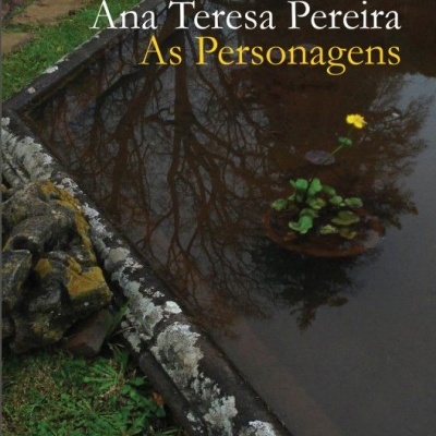 Capa do livro 'As Personagens' com fonte clara sobre imagem de bacia de pedra com água e flor amarela