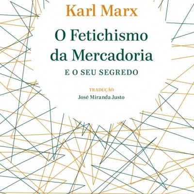Capa de livro com título e autor em fundo branco com linhas geométricas verdes e laranjas
