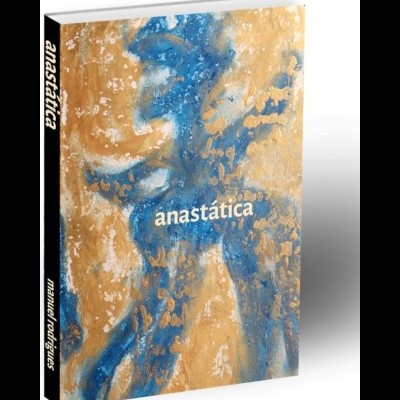 Capa de livro com título 'anastática' e padrão abstrato azul e dourado