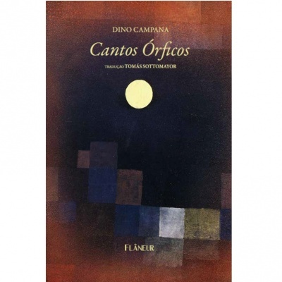 Capa do livro Cantos Órficos com desenho abstrato e texto em amarelo e branco