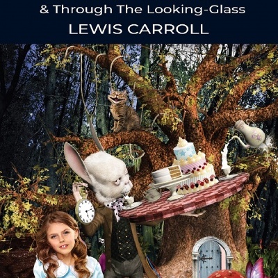 Capa do livro Alice's Adventures in Wonderland com personagens e elementos da história em floresta