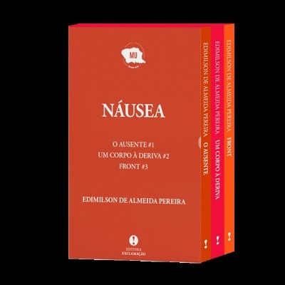 Três livros da coleção MU com capas em tons de laranja, vermelho e roxo
