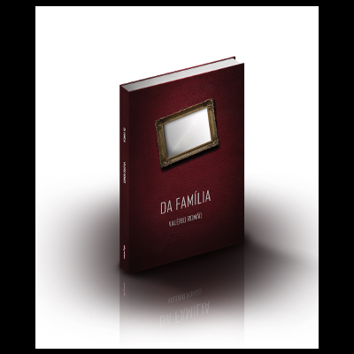 Livro com capa bordô, moldura dourada vazia e texto DA FAMÍLIA VALÉRIO RONNO