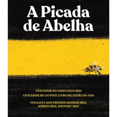 Capa do livro A Picada de Abelha com abelha desenhada, fundo amarelo e preto e texto em branco e amarelo.