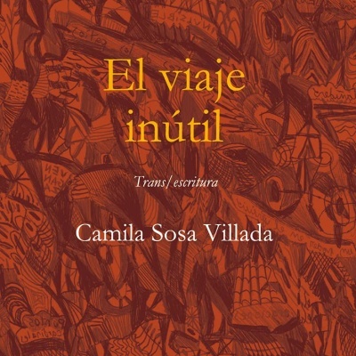 Capa de livro 'El viaje inútil' com desenhos abstratos em castanho.