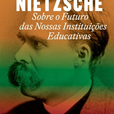 Capa de livro com foto de Friedrich Nietzsche e texto em branco sobre fundo colorido degradê.