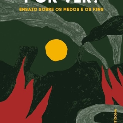 Capa de livro com texto e ilustrações abstratas em verde, vermelho, preto e amarelo