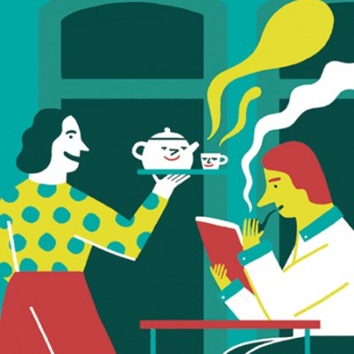 Ilustração colorida de duas pessoas, uma servindo chá e outra lendo um livro a fumar, com texto VISEU ANA SEIXAS no topo.