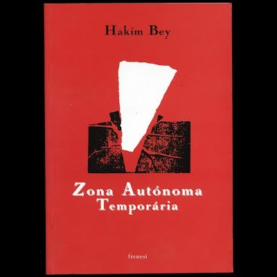 Capa vermelha de livro com título Zona Autónoma Temporária e autor Hakim Bey.