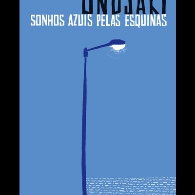 Capa azul de livro com um candeeiro de rua e texto ONDJAKI SONHOS AZUIS PELAS ESQUINAS