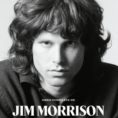 Capa de livro preto e branco com fotografia de Jim Morrison e texto branco