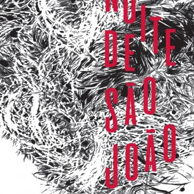 Capa de livro com fundo preto e branco abstrato e texto vermelho vertical