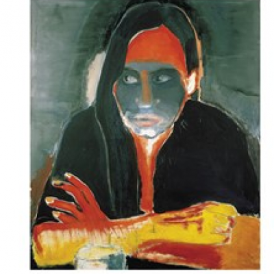 Capa de publicação com título ELECTRA e pintura estilizada de pessoa em tons escuros e vermelhos